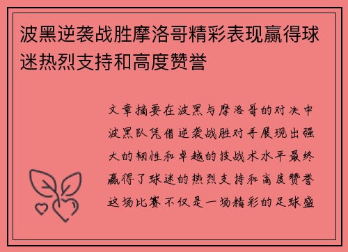 波黑逆袭战胜摩洛哥精彩表现赢得球迷热烈支持和高度赞誉