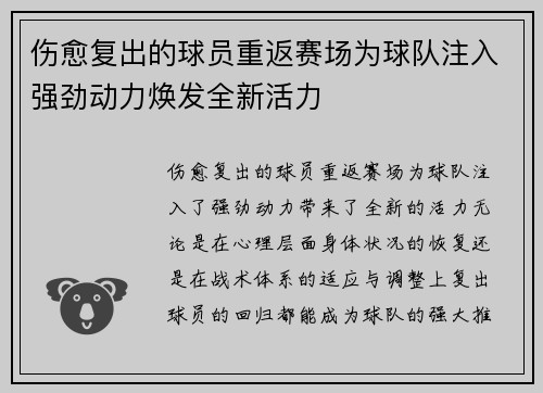 伤愈复出的球员重返赛场为球队注入强劲动力焕发全新活力